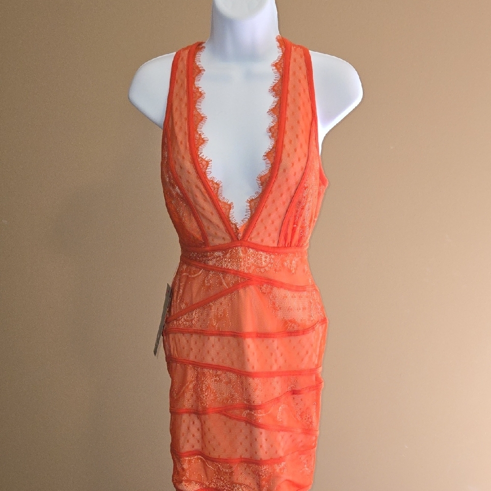 bebe Stunning Vibrant Orange Lace Mini Dress XS NWT